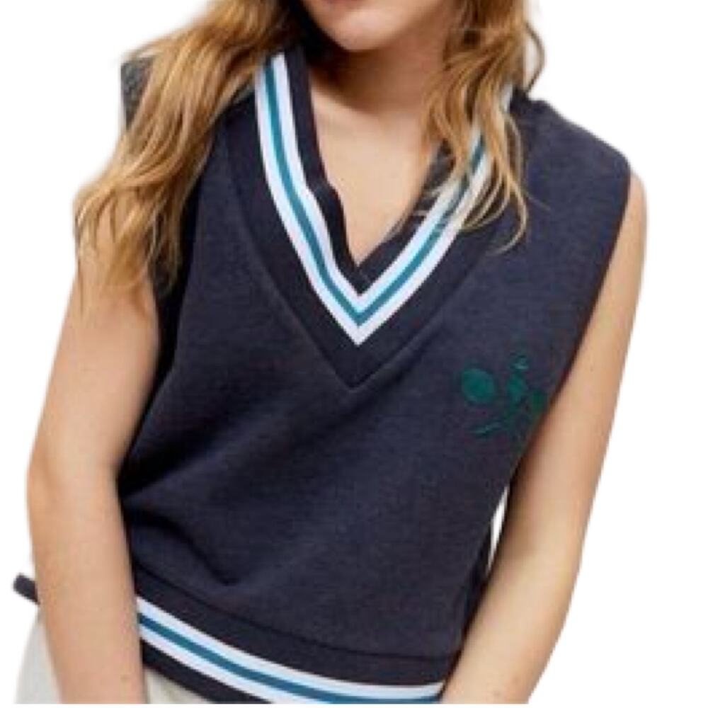 Urban Outfitters Navy Blue Green Badminton Embroidery Cropped Jersey Vest Size M